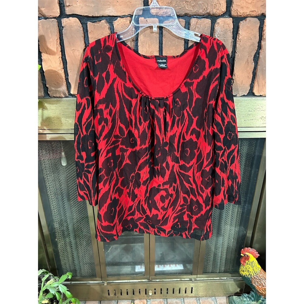 Rafaella Blouse Womens Size L Red & Black Abstract Floral 3/4 Sleeve